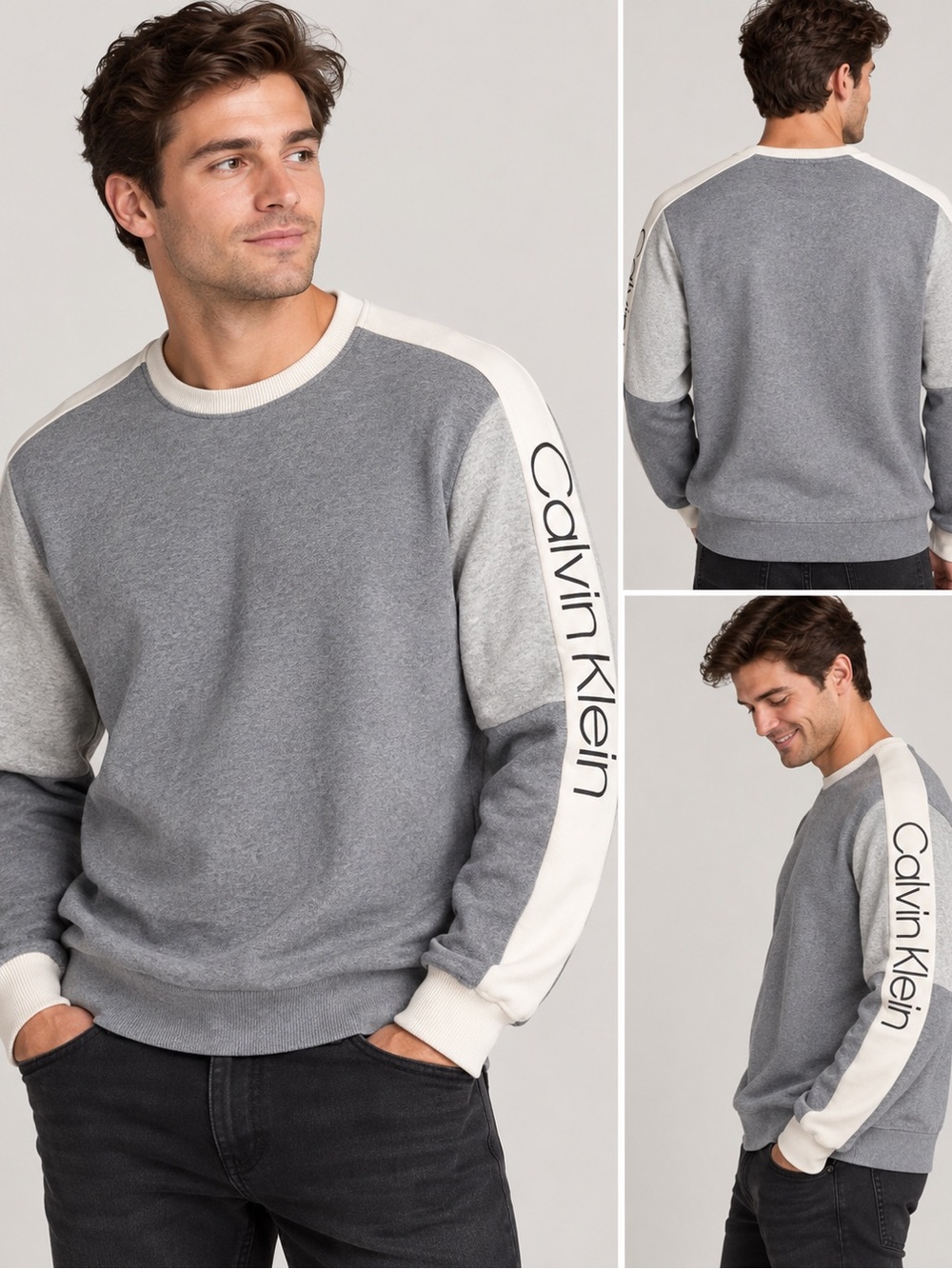 Calvin Klein Gray Cream Colorblock Logo Sleeve Crewneck Sweatshirt Large
